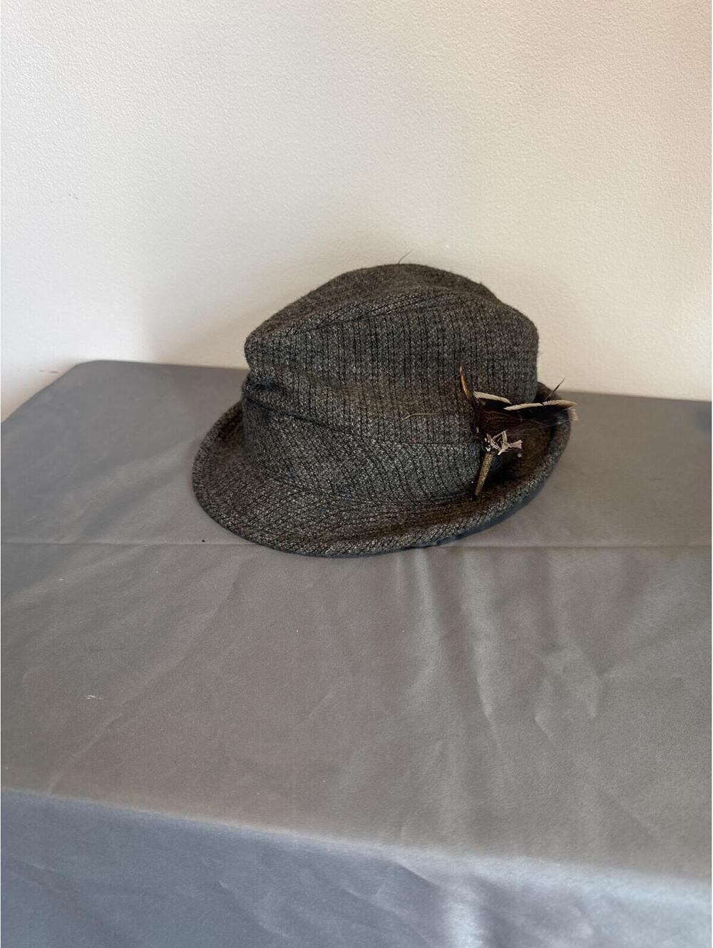 Vintage Style Brown Tweed Hat with Feather Accent